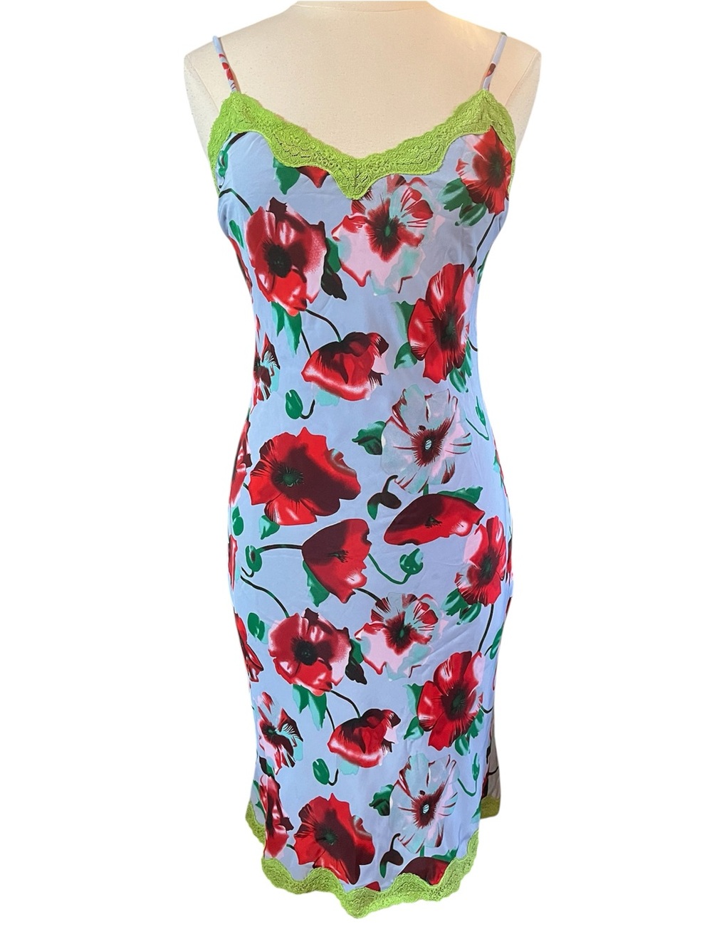 Diarium Blue & Red Floral Slip Midi Dress with Lime Lace Trim Size S-M